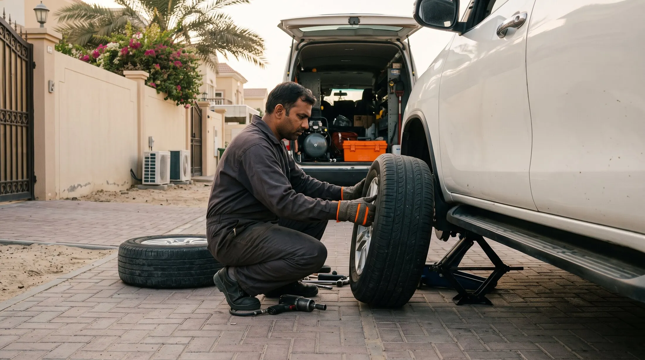 الفنّي يركّب إطارًا جديدًا على سيارة في دبي