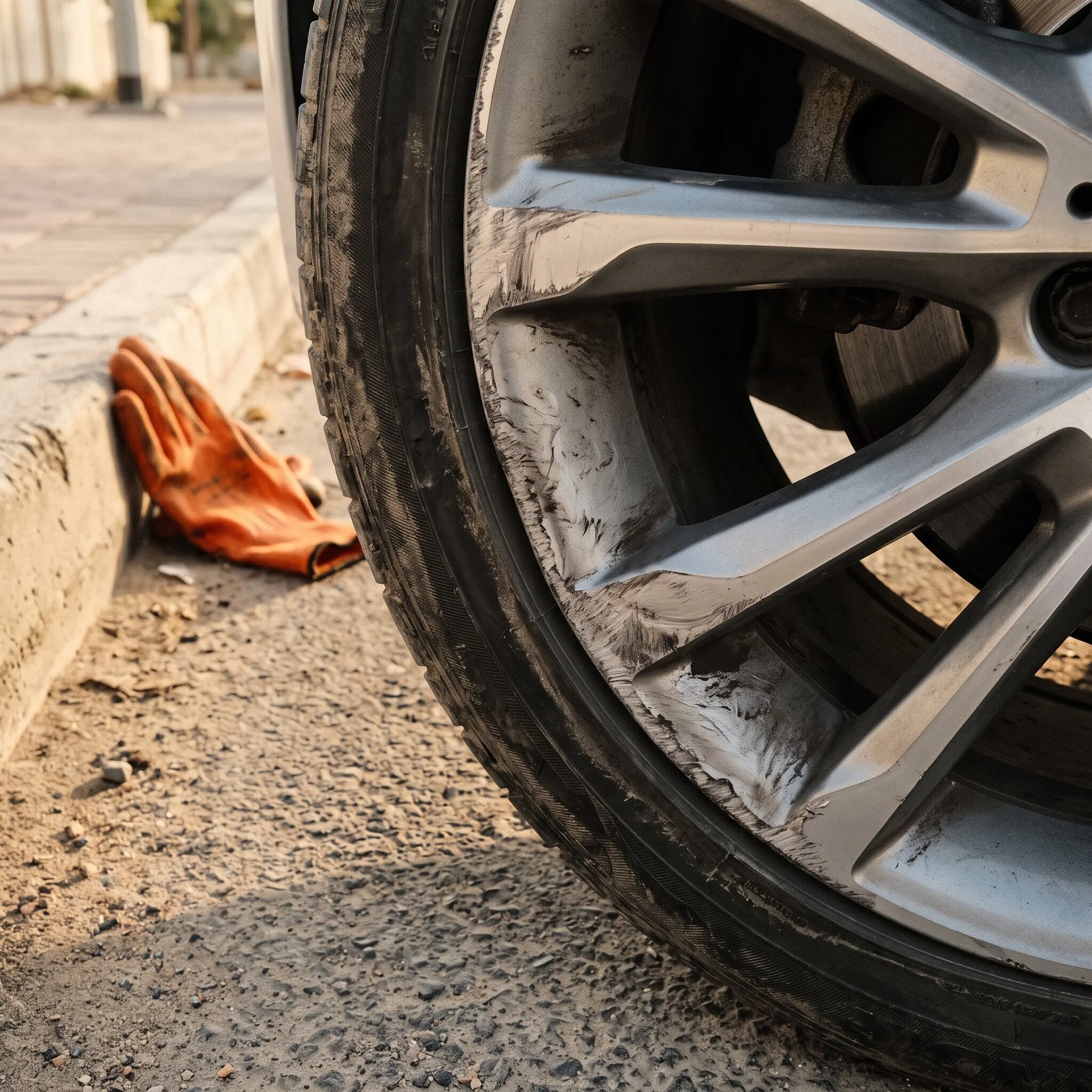 Close-up of a scraped, curbed alloy wheel rim