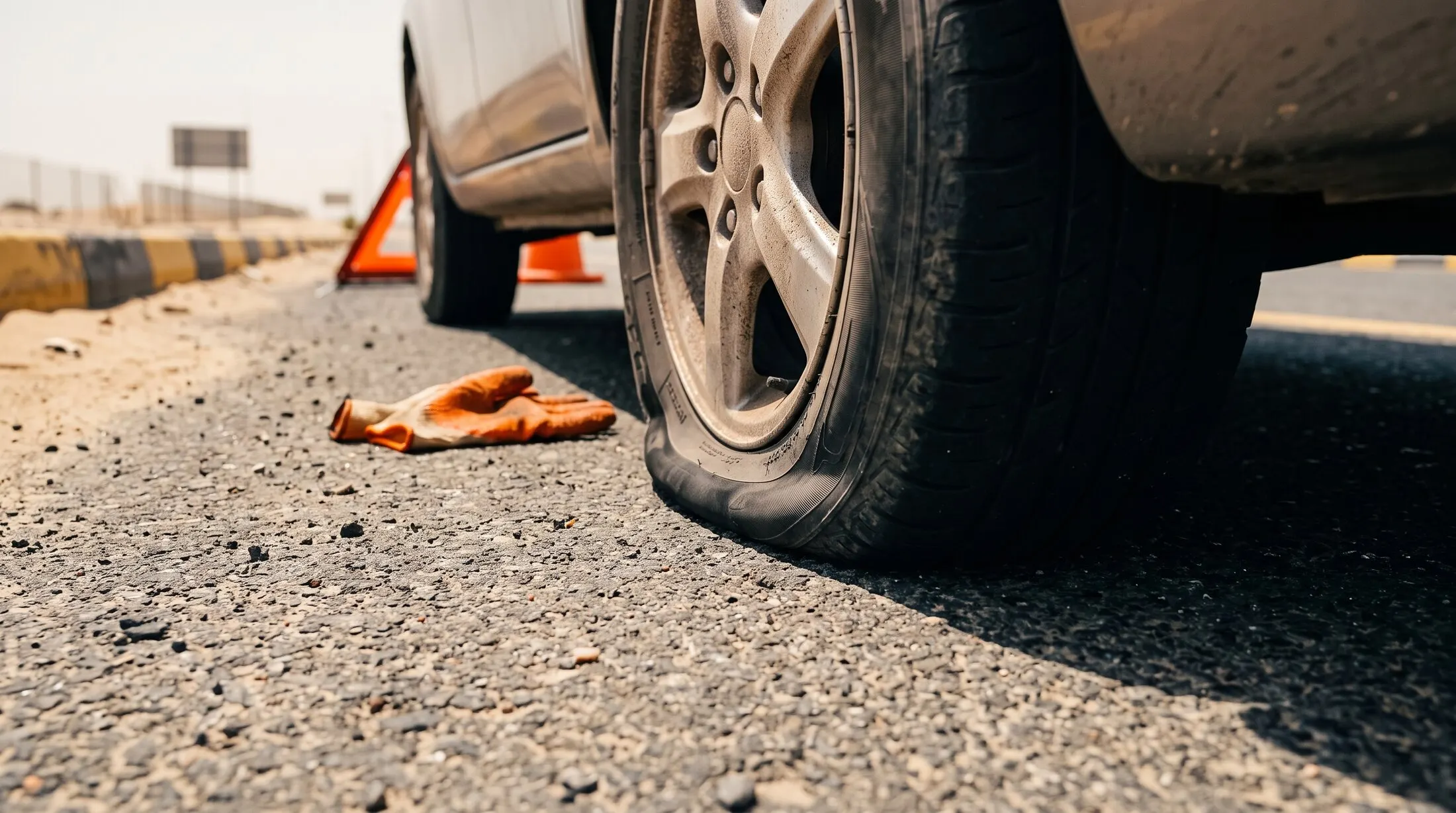 Close-up of a flat car tyre on hot Dubai tarmac