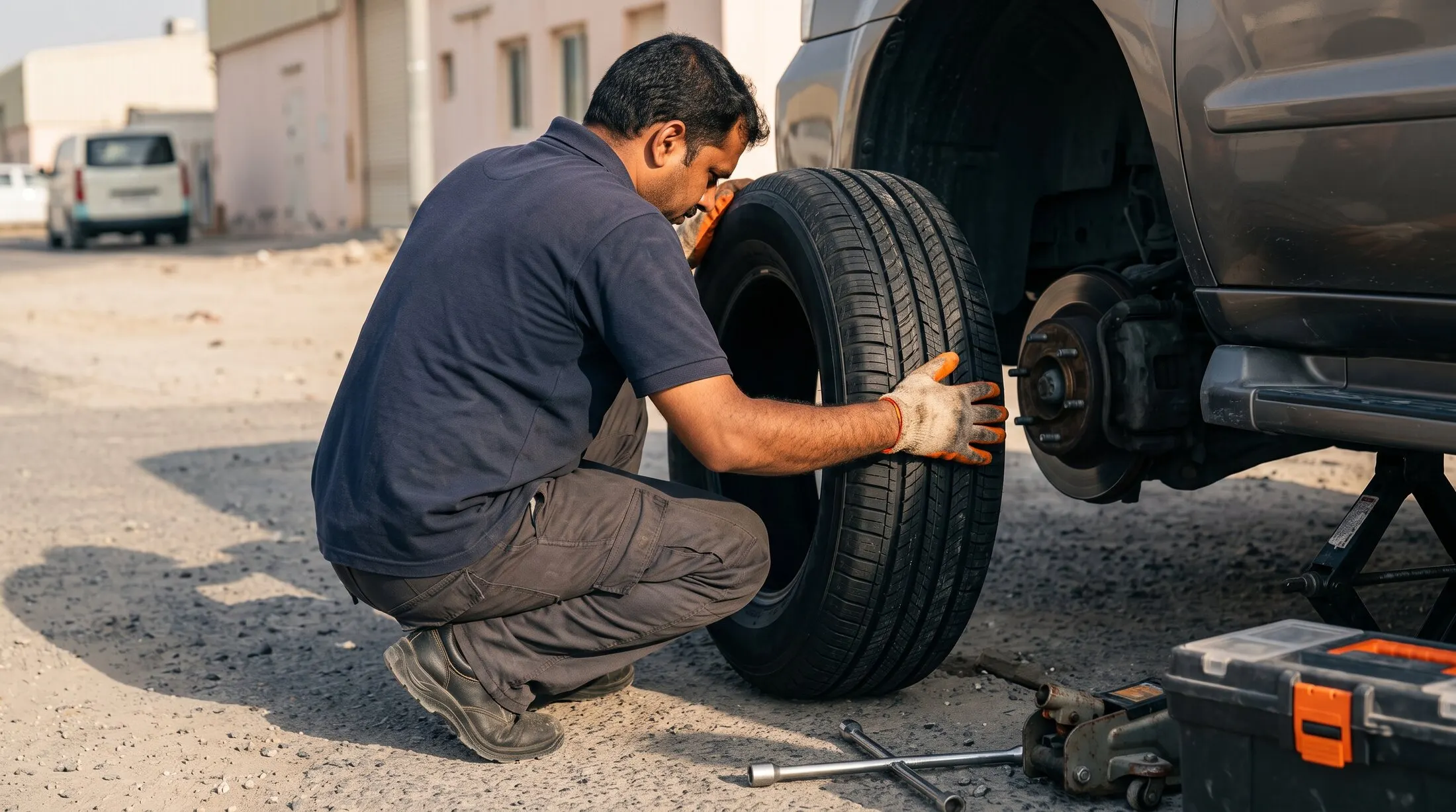 Technician lifting a new tyre into position against a car's wheel hub