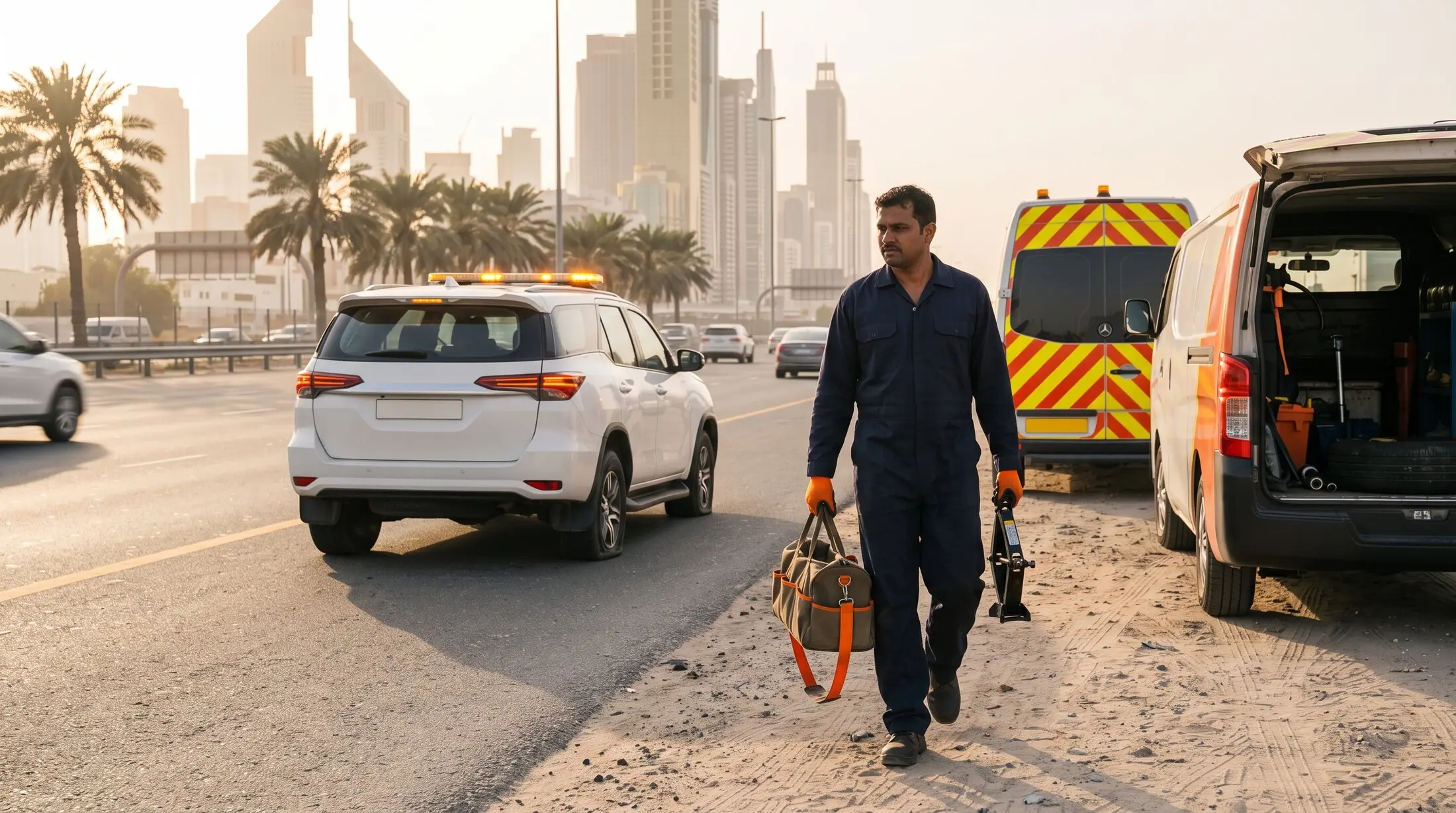 Mobile tyre technician approaching a car with hazard lights on, parked on a Dubai street