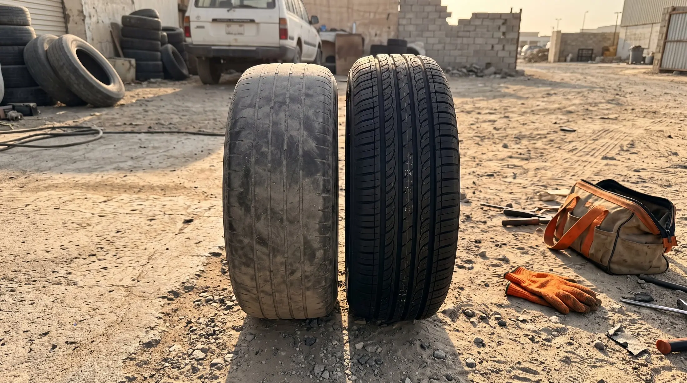 Side-by-side comparison of a worn tyre and a brand new tyre