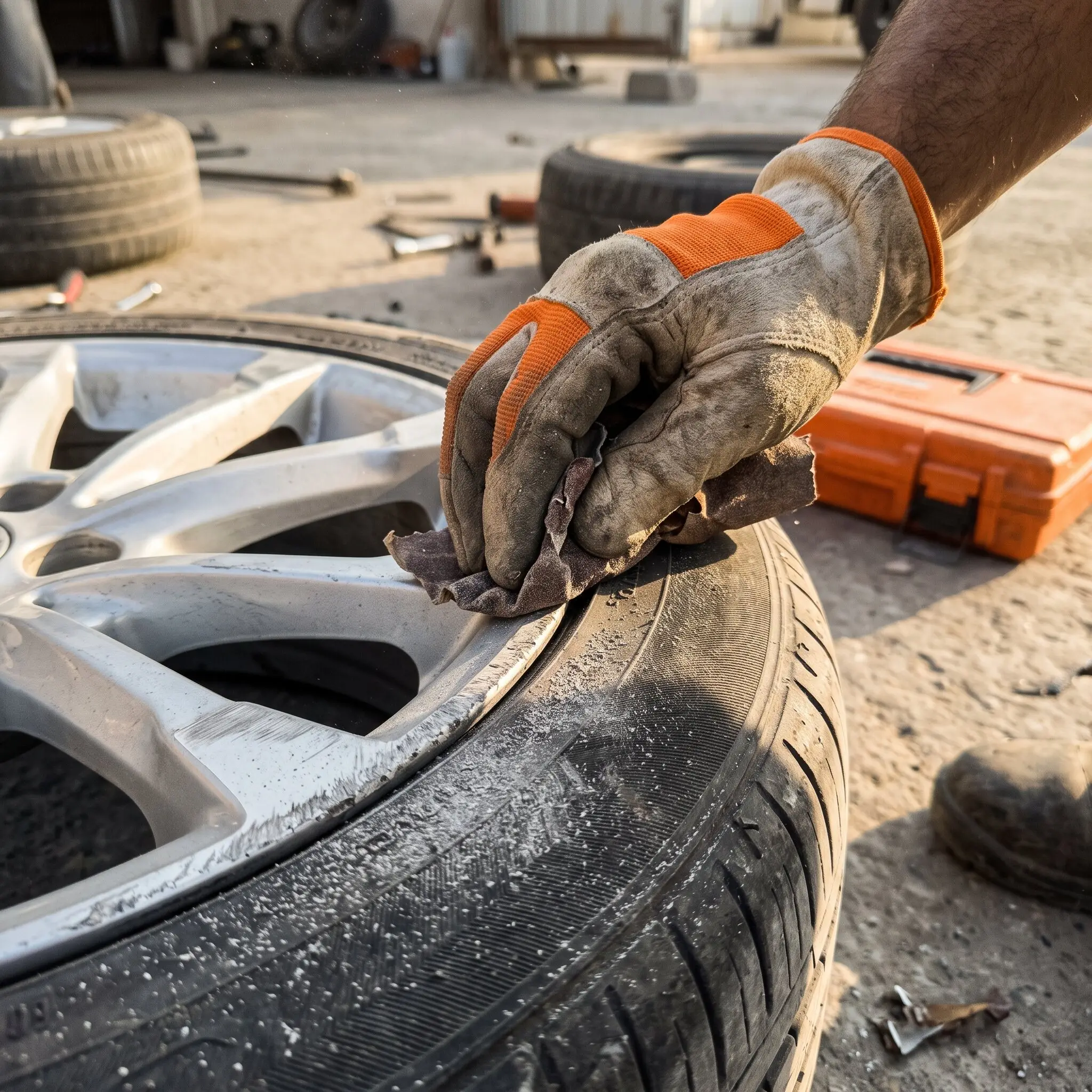 Technician sanding the damaged edge of an alloy rim
