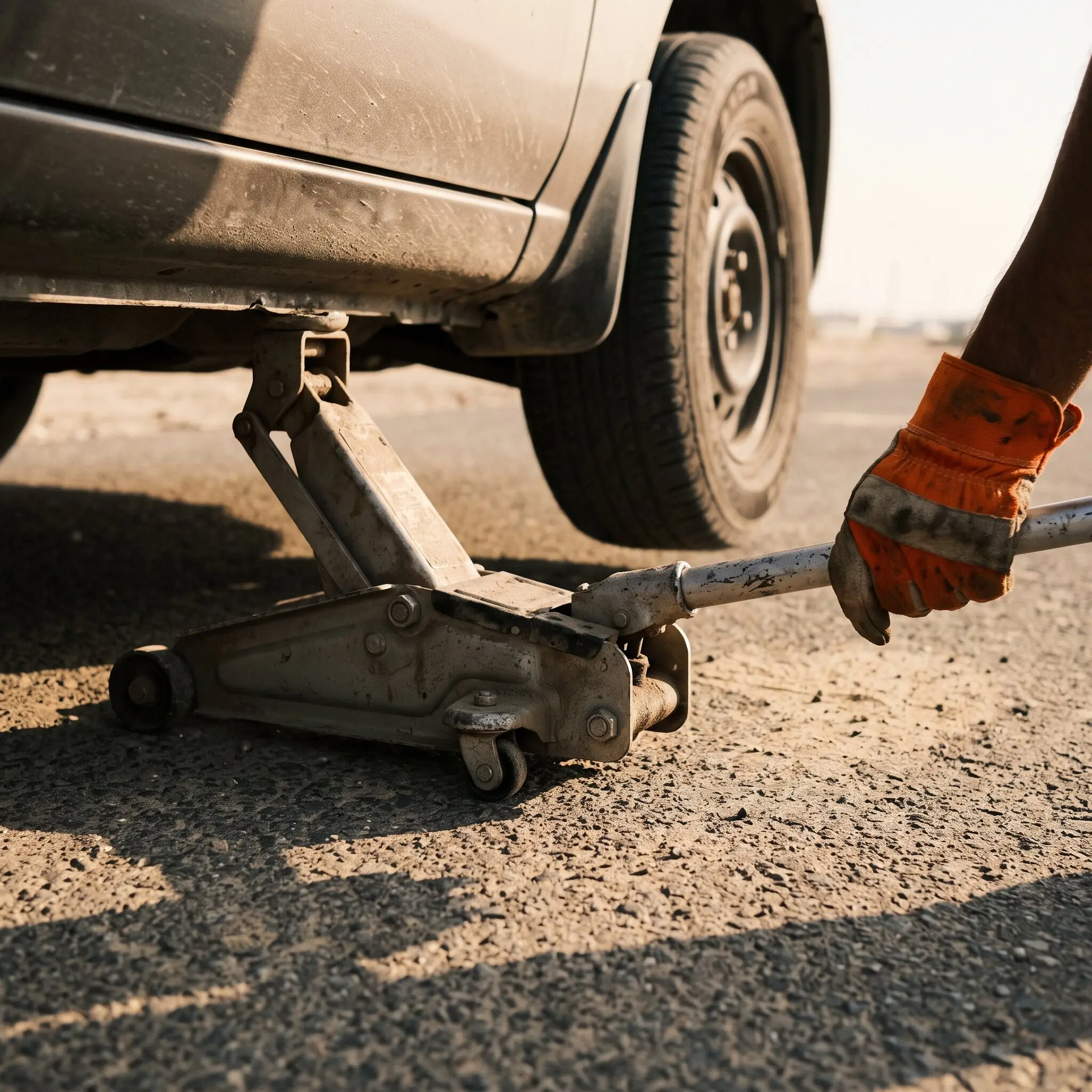 Hydraulic jack lifting a car's wheel off the ground for a flat tyre repair