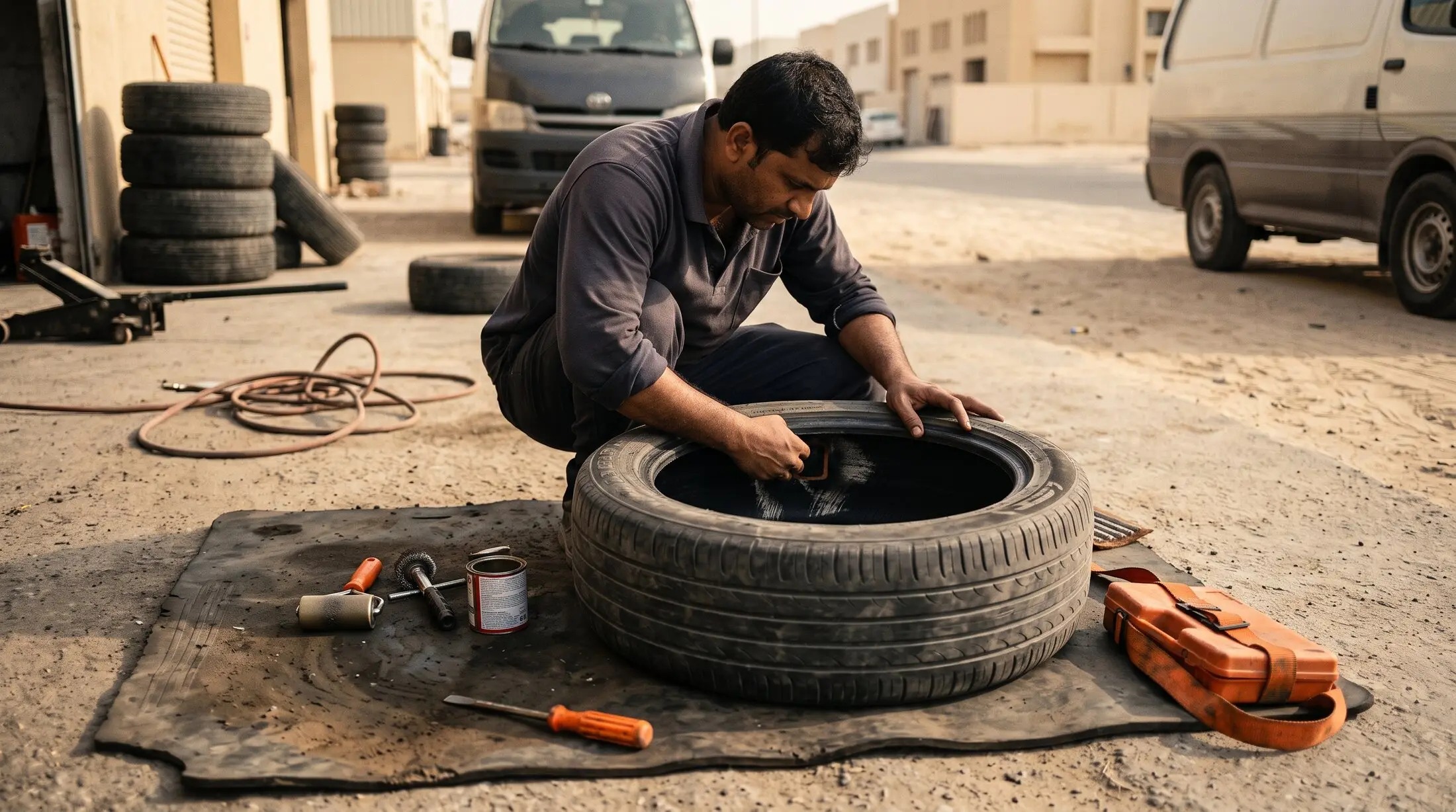 الفنّي يرقّع الإطار من الداخل بعد فكه من الجنط