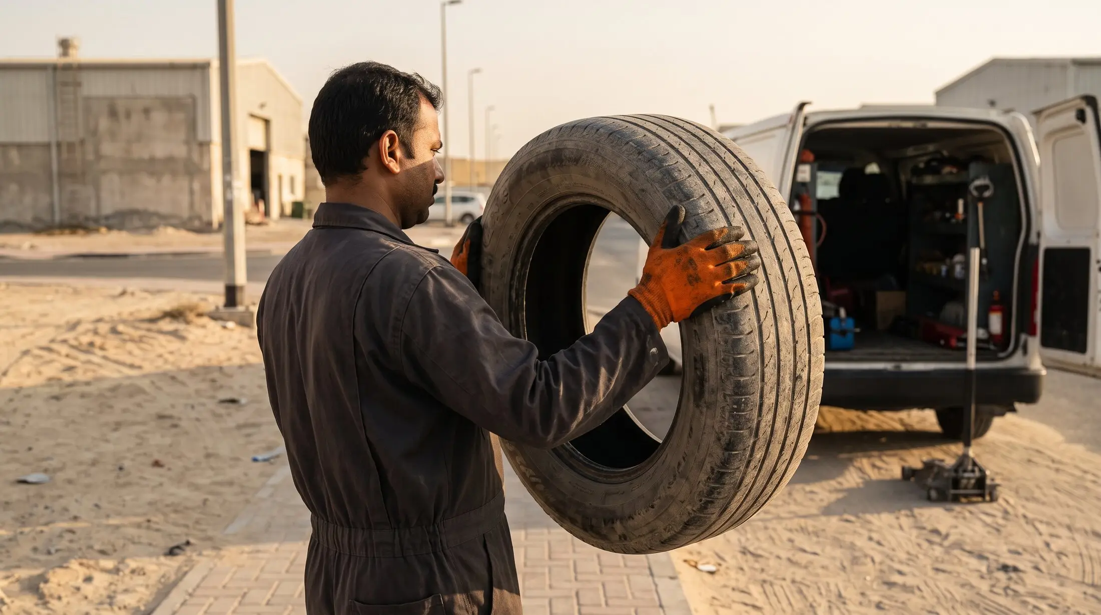 Technician holding up a tyre for inspection before fitting