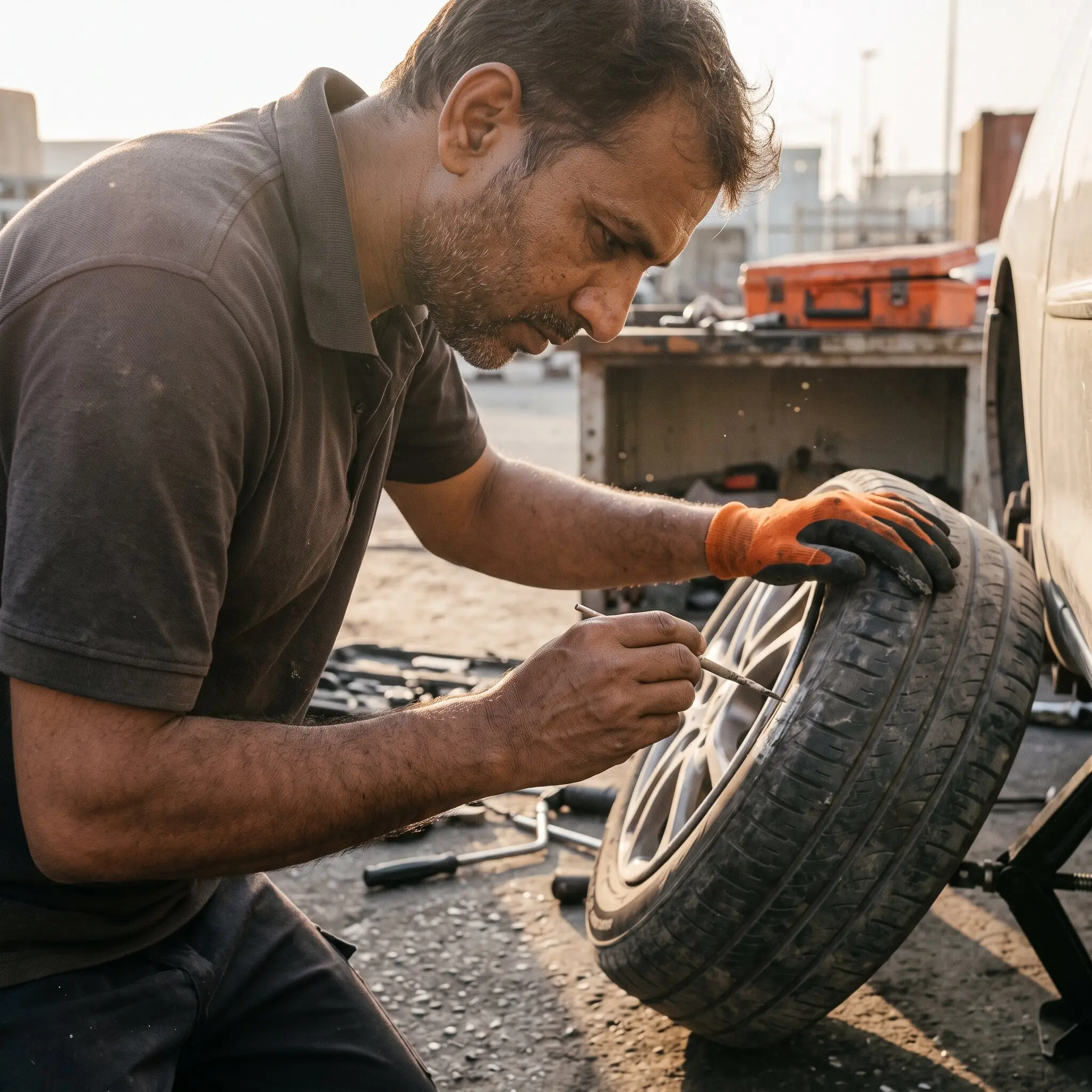 Technician applying a finishing touch-up to a repaired alloy rim