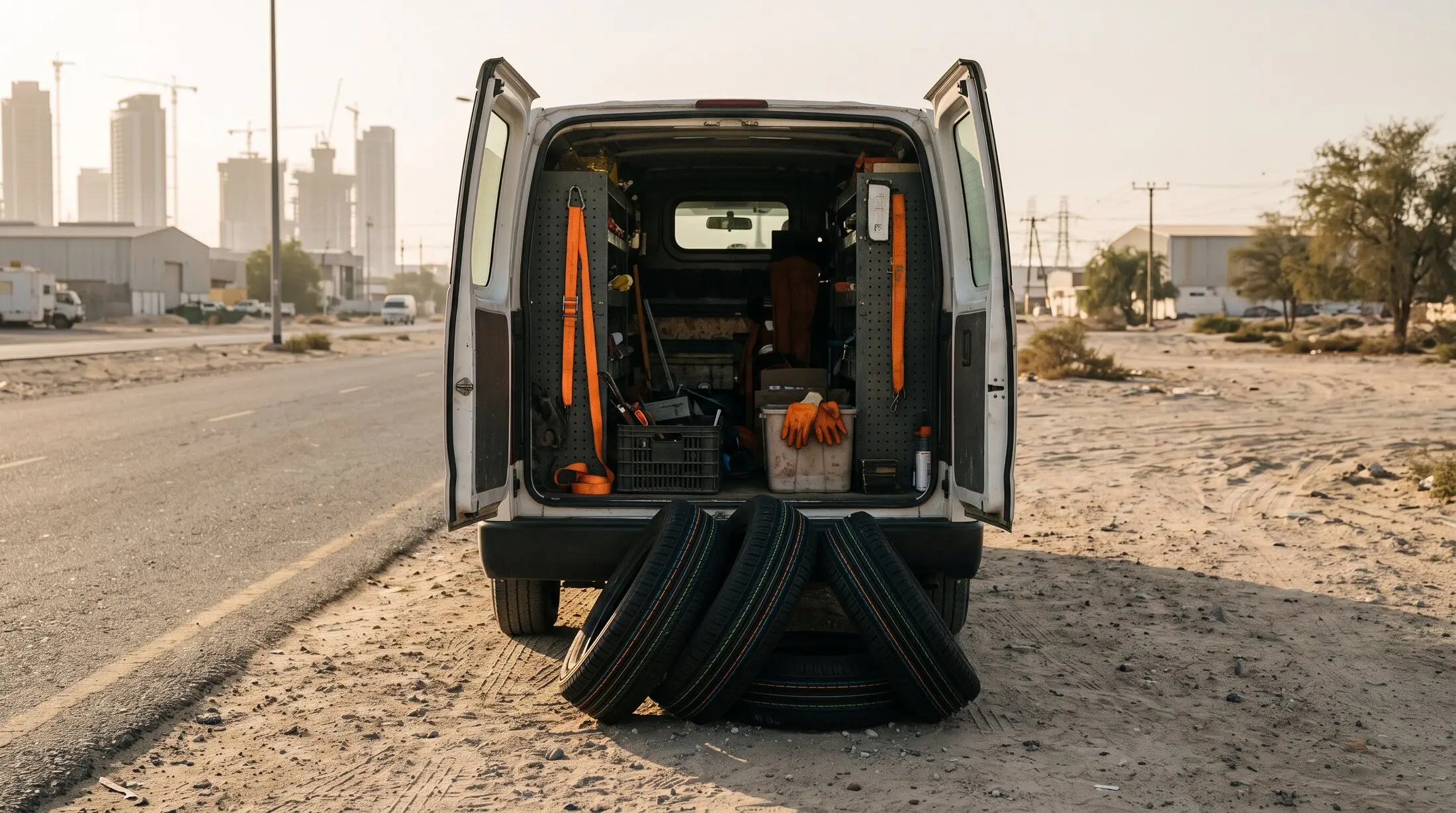 New tyres in stock, leaning against the TyreFix Dubai service van