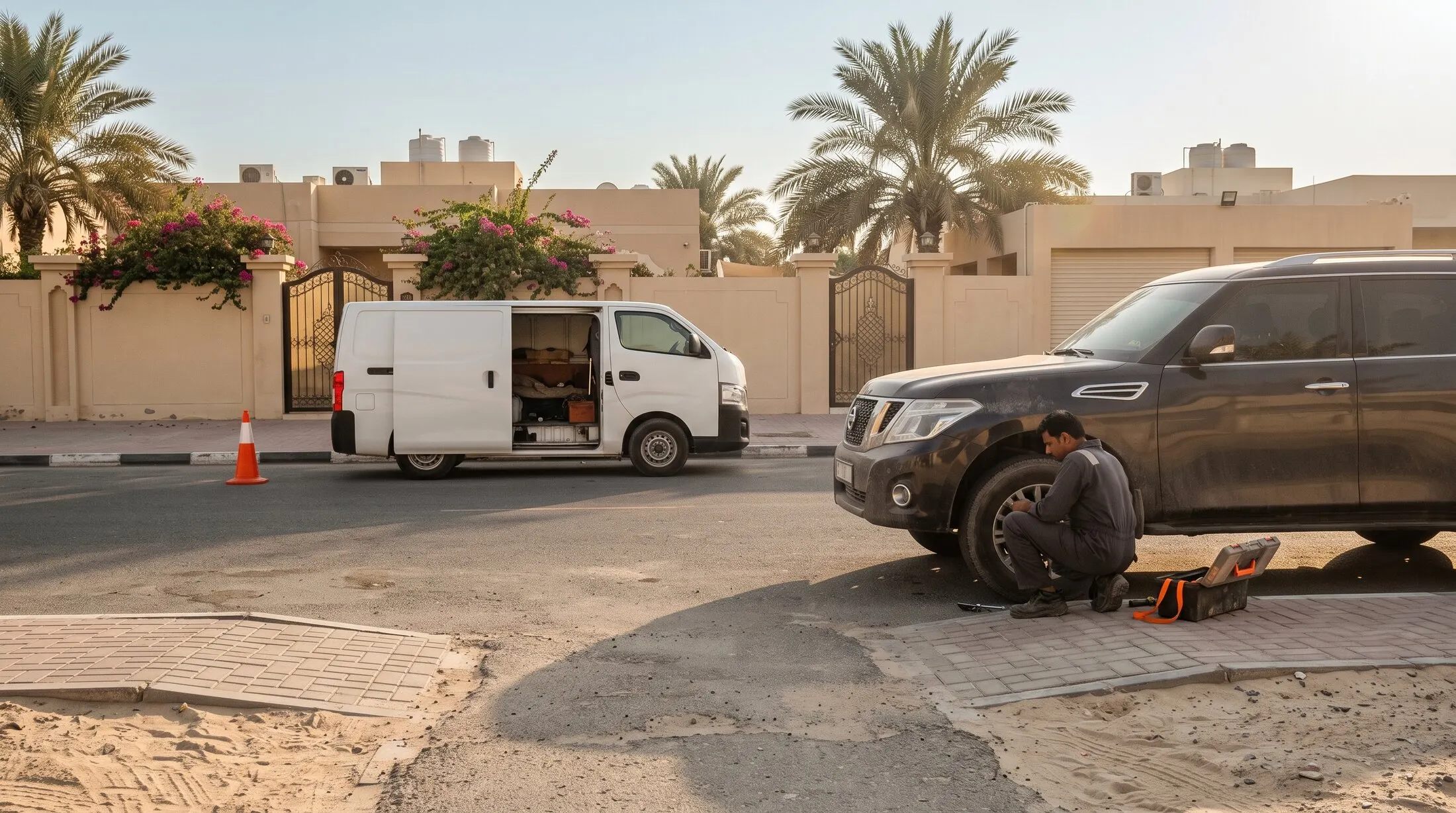 TyreFix Dubai technician working on a car in a Downtown Dubai car park