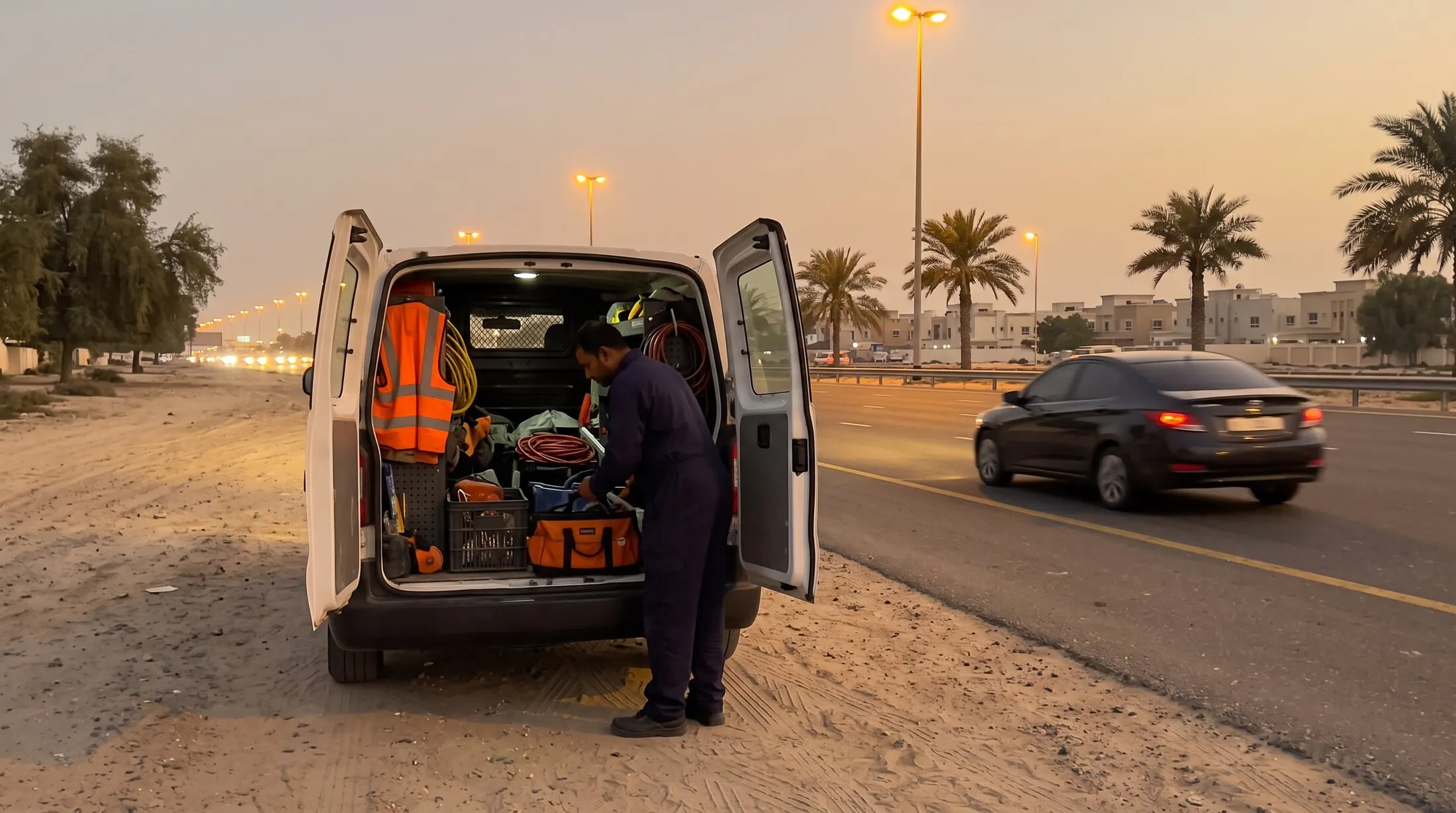 TyreFix Dubai service van leaving an office car park in Business Bay