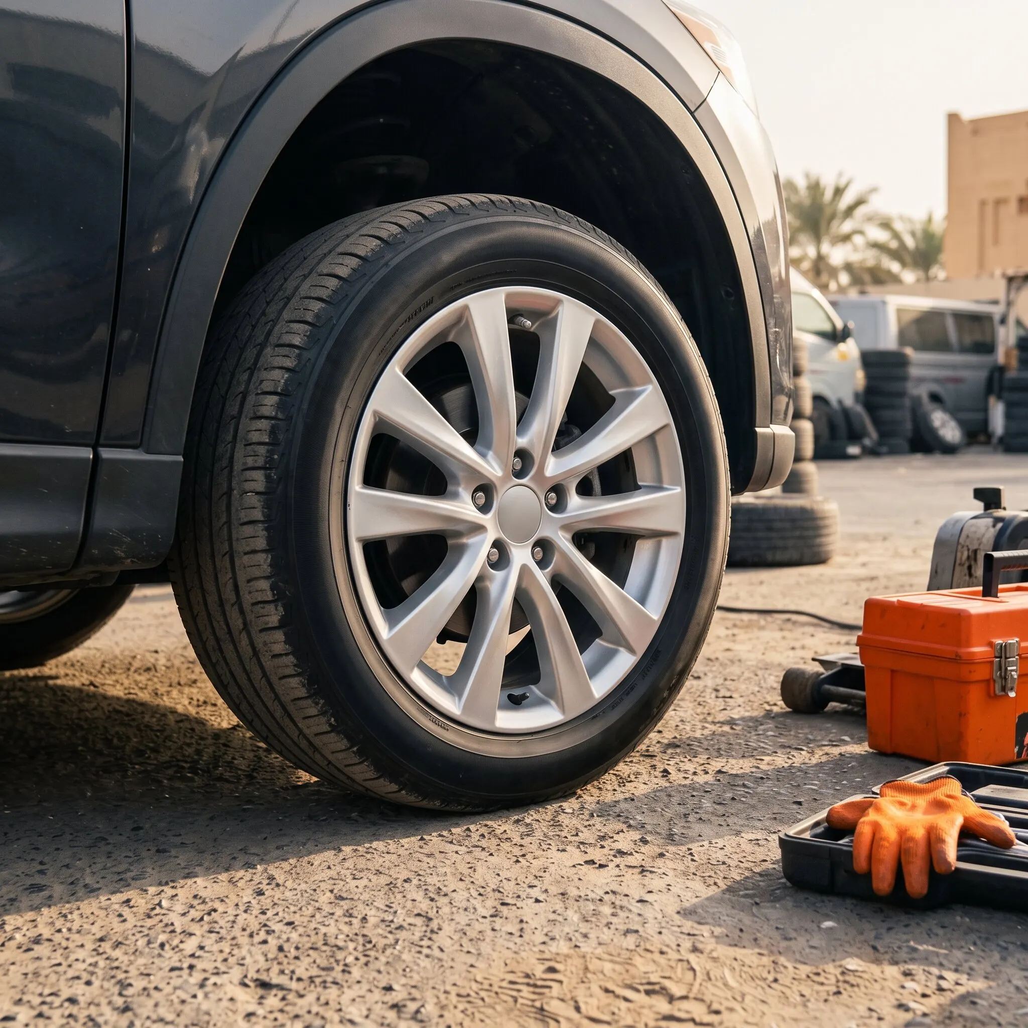 A finished tyre fitting on a car parked on a villa driveway in Jumeirah