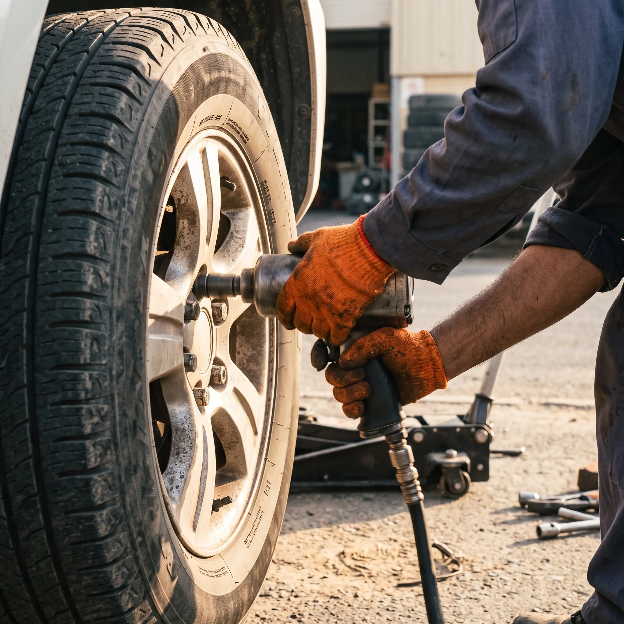 Technician fitting a new tyre to a family car on a villa driveway in Al Barsha