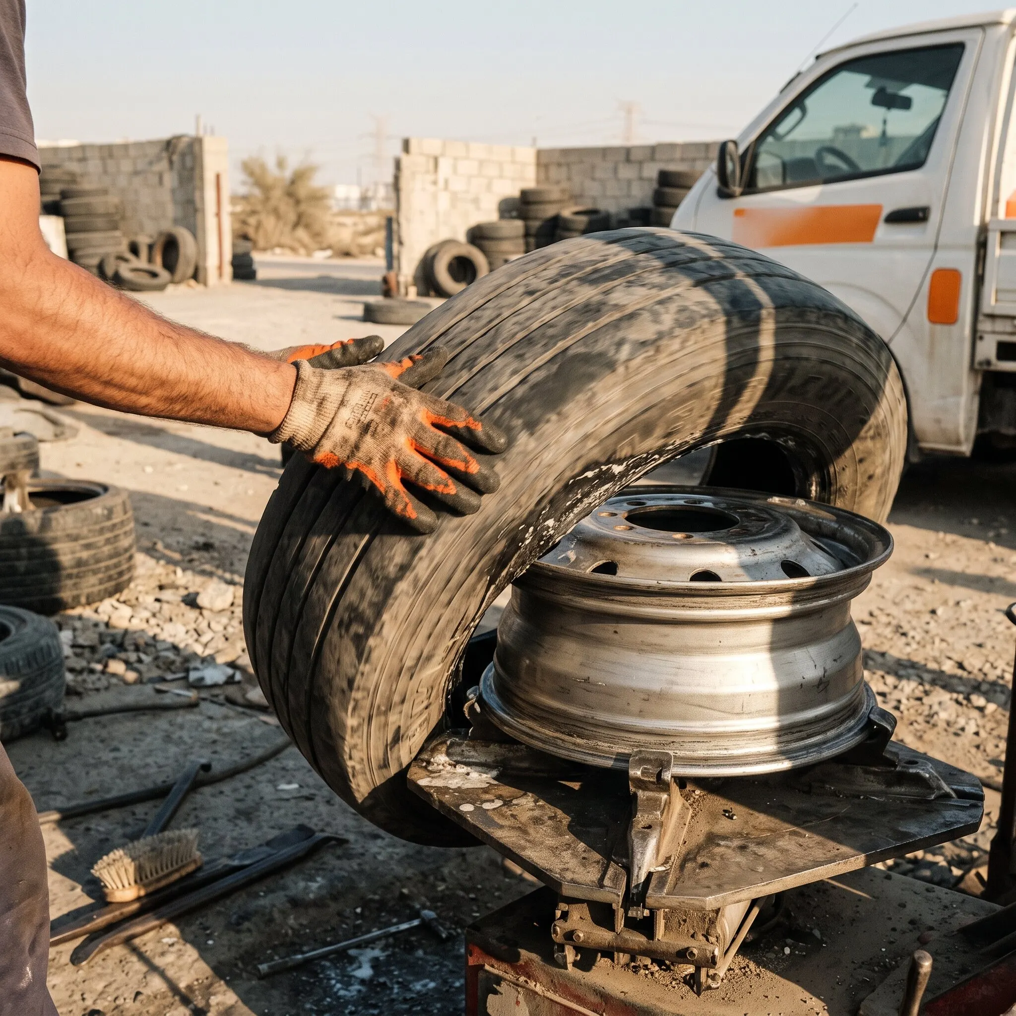 Technician remounting a repaired tyre on a car in a JLT podium car park