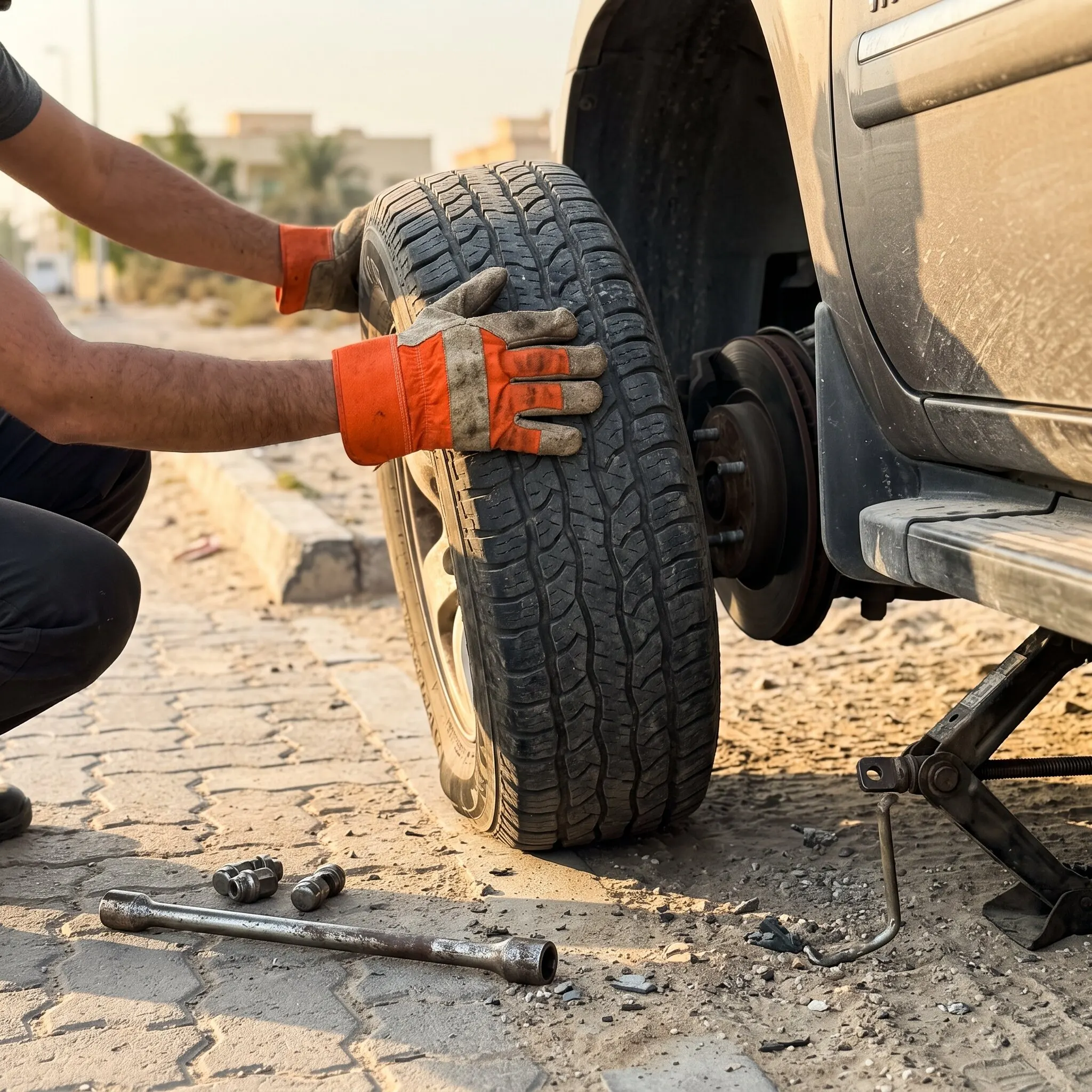 Technician removing a wheel from a car parked in a Dubai Marina podium car park