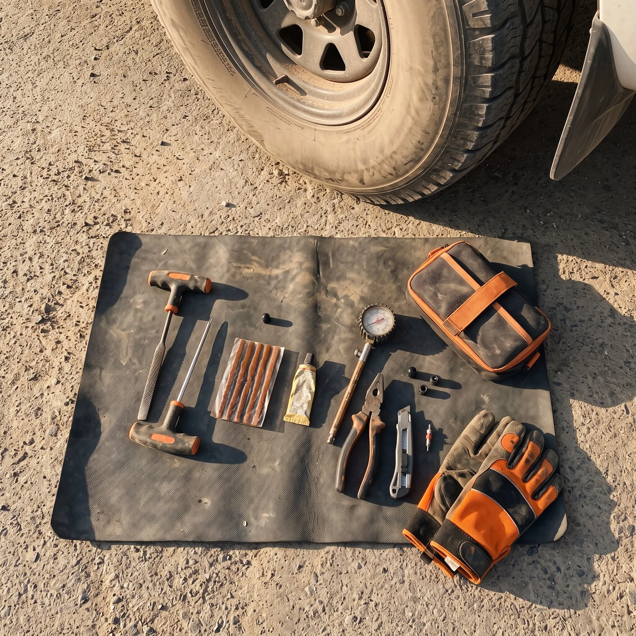 TyreFix Dubai technician's tools laid out beside a vehicle in an Al Quoz yard